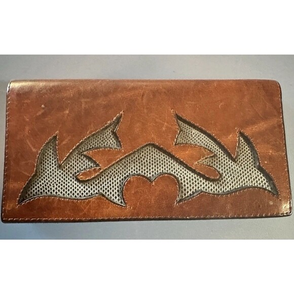 Dark Star Brown Leather Western Southwestern Vintage Checkbook Cover - Picture 2 of 5